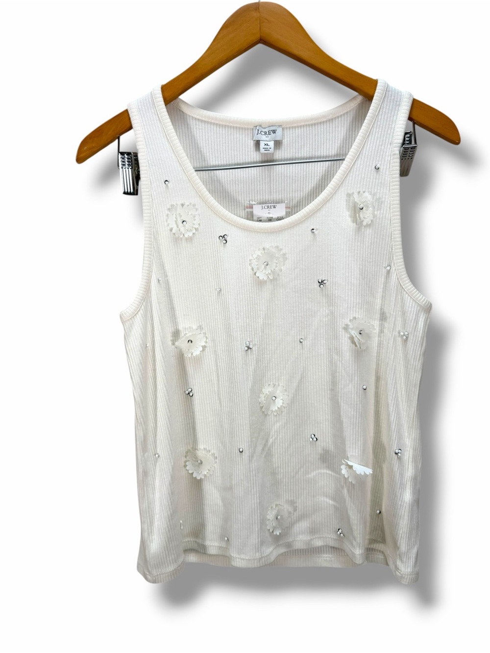 NWT J.Crew Factory Ivory Ribbed Flower Embellished Tank Top Size XL